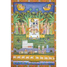 Pichwai Painting Lord Shreenathji Cotton Cloth Gold Leaf Paint Unframed Handmade